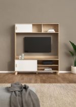 MEUBLE TV LIVING 2 PORTES COULISSANES - BLANC ET CHENE – Image 2