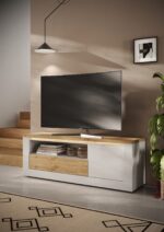 MEUBLE TV 1 PORTE + 1 TIROIR + 1 NICHE - BLANC ET CHÊNE – Image 4