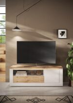 MEUBLE TV 1 PORTE + 1 TIROIR + 1 NICHE - BLANC ET CHÊNE – Image 6