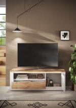 MEUBLE TV 1 PORTE + 1 TIROIR + 1 NICHE - BLANC ET CHÊNE – Image 5