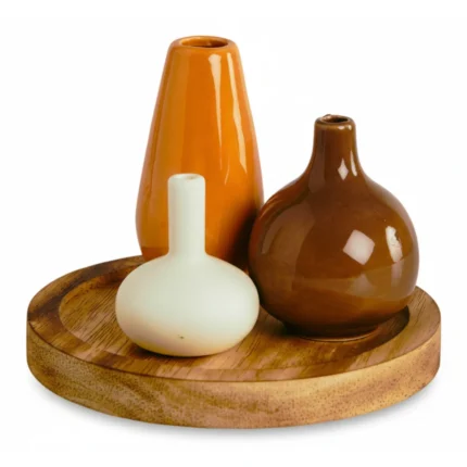 SET DE 3 VASES DÉCORATIFS SUR PLATEAU BOIS