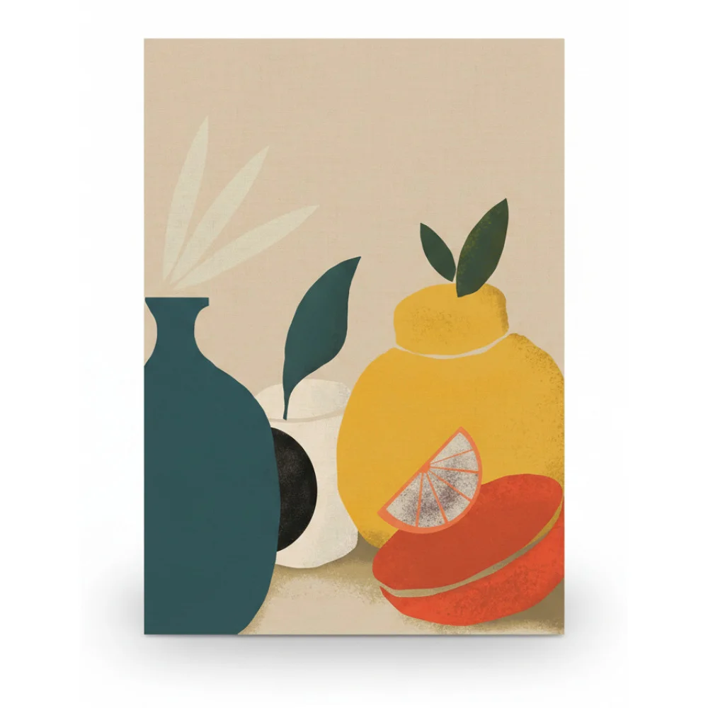 ai-product-image-142961-1768521070 TABLEAU DÉCORATIF NATURE MORTE ABSTRAITE – VASES ET AGRUMES – Image 1