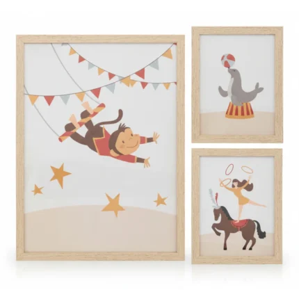 LOT DE 3 CADRES DÉCORATIFS CIRQUE - BOIS CLAIR