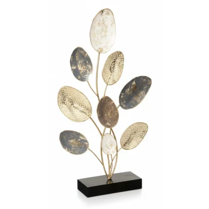SCULPTURE DÉCORATIVE FEUILLES MÉTAL SUR SOCLE – DORÉ & NOIR