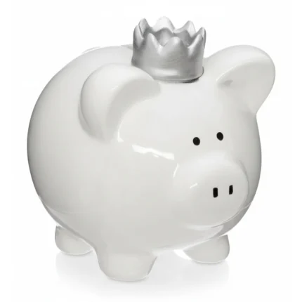 TIRELIRE COCHON AVEC COURONNE – COLORIS BLANC ET ARGENT
