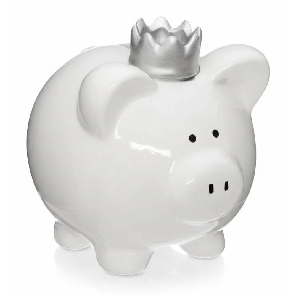 ai-product-image-143061-1768385431 TIRELIRE COCHON AVEC COURONNE – COLORIS BLANC ET ARGENT – Image 1