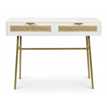 CONSOLE AVEC 2 TIROIRS EN CANNAGE – BLANC ET DORÉ