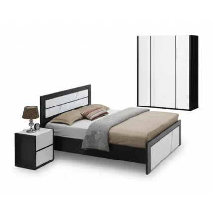 LIT 160 X 200 CM + ARMOIRE 4 PORTES + 1 CHEVETS 2 TIROIRS + SOMMIER - NOIR/BLANC