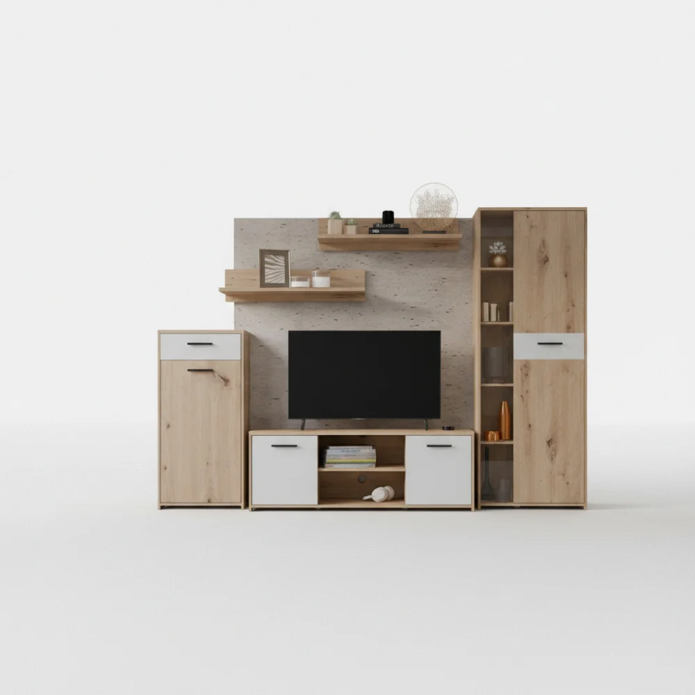 ai-product-image-165695-1770529469 ENSEMBLE MUR TV : MTV + RANGEMENT + VITRINE + 2 ÉTAGÈRES MURALES - CHÊNE ET BLANC – Image 1