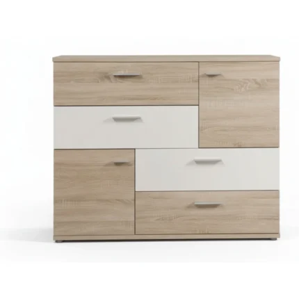 COMMODE 4 TIROIRS ET 2 PORTES - CHENE ET BLANC