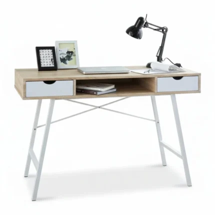 BUREAU 2 TIROIRS + 1 NICHE - BLANC ET CHÊNE