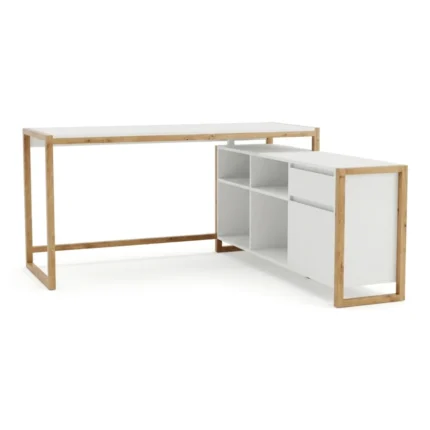 BUREAU D'ANGLE 4 NICHES / 1 TIROIR / 1 PORTE -  BLANC/ CHENE