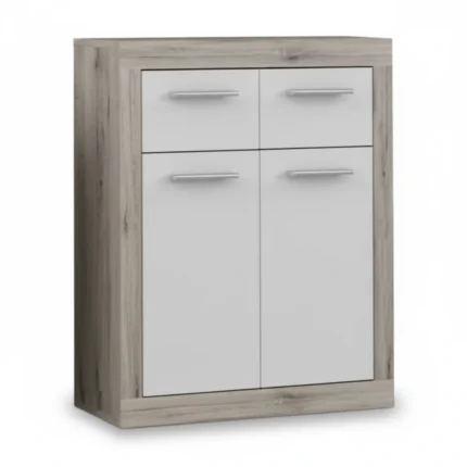 COMMODE 2 PORTES 2 TIROIRS - CHÊNE CENDRE ET BLANC
