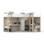 LIT MEZZANINE DOUBLE COMBINE 2 BUREAUX  +  RANGEMENTS + SOMMIERS 2 X 90 X 200 CM - CHÊNE ET BLANC