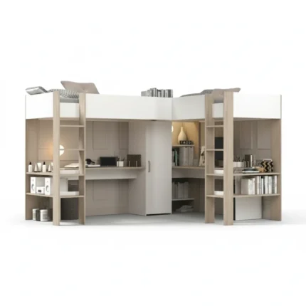 LIT MEZZANINE DOUBLE COMBINE 2 BUREAUX  +  RANGEMENTS + SOMMIERS 2 X 90 X 200 CM - CHÊNE ET BLANC
