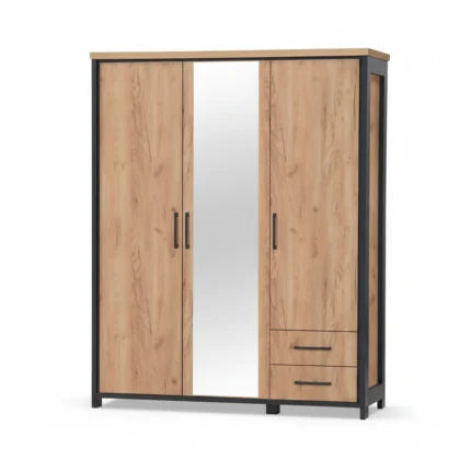 ARMOIRE 3 PORTES ET 2 TIROIRS +1 MIROIR - CHENE ET NOIR