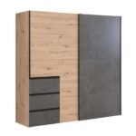 ARMOIRE 2 PORTES COULLISSANTES / 3 TIROIRS - CHËNE ET GRIS – Image 2