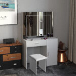 COIFFEUSE 1 TIROIR 1 PORTE AVEC MIROIR ET TABOURET - BLANC – Image 7