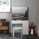 COIFFEUSE 1 TIROIR 1 PORTE AVEC MIROIR ET TABOURET - BLANC – Image 8