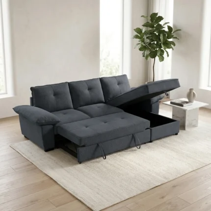 CANAPE D'ANGLE CONVERTIBLE + COFFRE  ET TIROIR LIT INCLUS - GRIS CLAIR