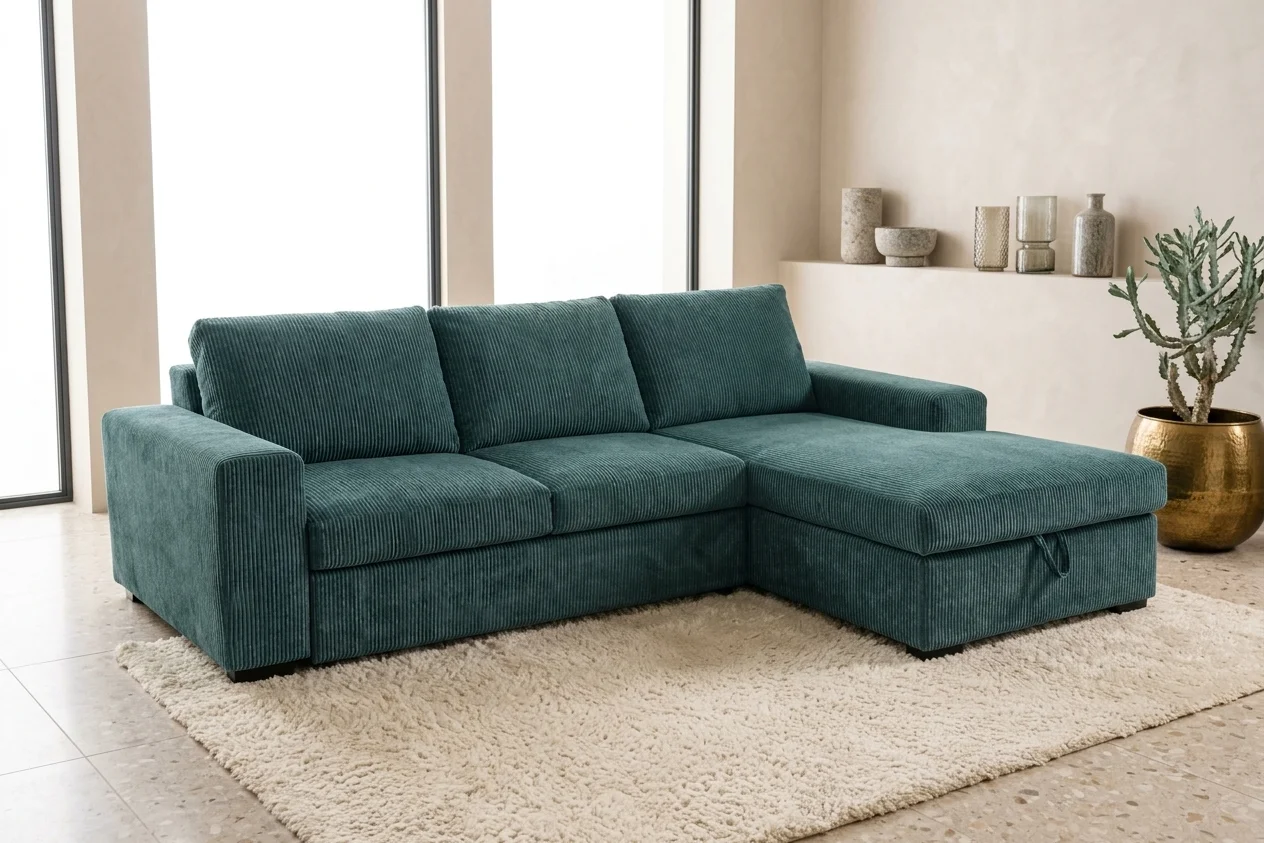 AI Generated Product Image CANAPE D'ANGLE GAUCHE CONVERTIBLE EN VELOURS CÔTELÉS - BLEU ROYAL – Image 1