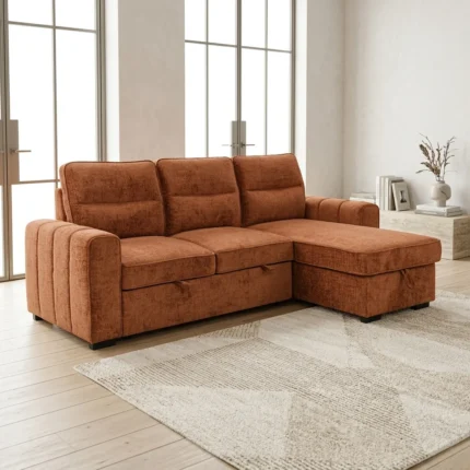 CANAPE D'ANGLE CONVERTIBLE & REVERSIBLE AVEC COFFRE DE RANGEMENT - TERRACOTTA