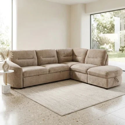CANAPÉ D'ANGLE GAUCHE CONVERTIBLE AVEC COFFRE DE RANGEMENT - BEIGE