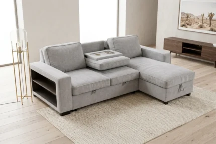 CANAPÉ D'ANGLE CONVERTIBLE & RÉVERSIBLE AVEC COFFRE DE RANGEMENT - GRIS CLAIR
