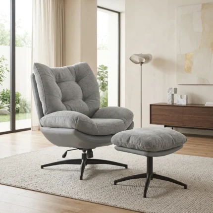 FAUTEUIL EN TISSU + REPOSE PIEDS - GRIS
