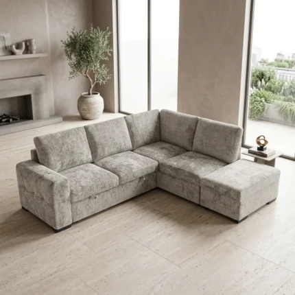 CANAPÉ D'ANGLE DROIT CONVERTIBLE + OTTOMAN EN TISSU - BEIGE
