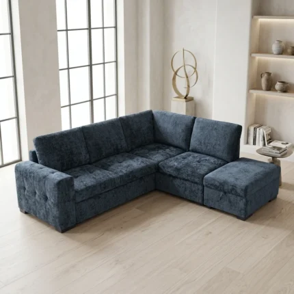 CANAPÉ D'ANGLE DROIT CONVERTIBLE + OTTOMAN EN TISSU - BLEU FONCÉ