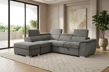 CANAPÉ D'ANGLE GAUCHE CONVERTIBLE EN TISSU - GRIS FONCÉ