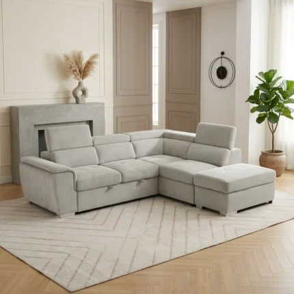 CANAPÉ D'ANGLE DROIT CONVERTIBLE EN TISSU - CRÈME