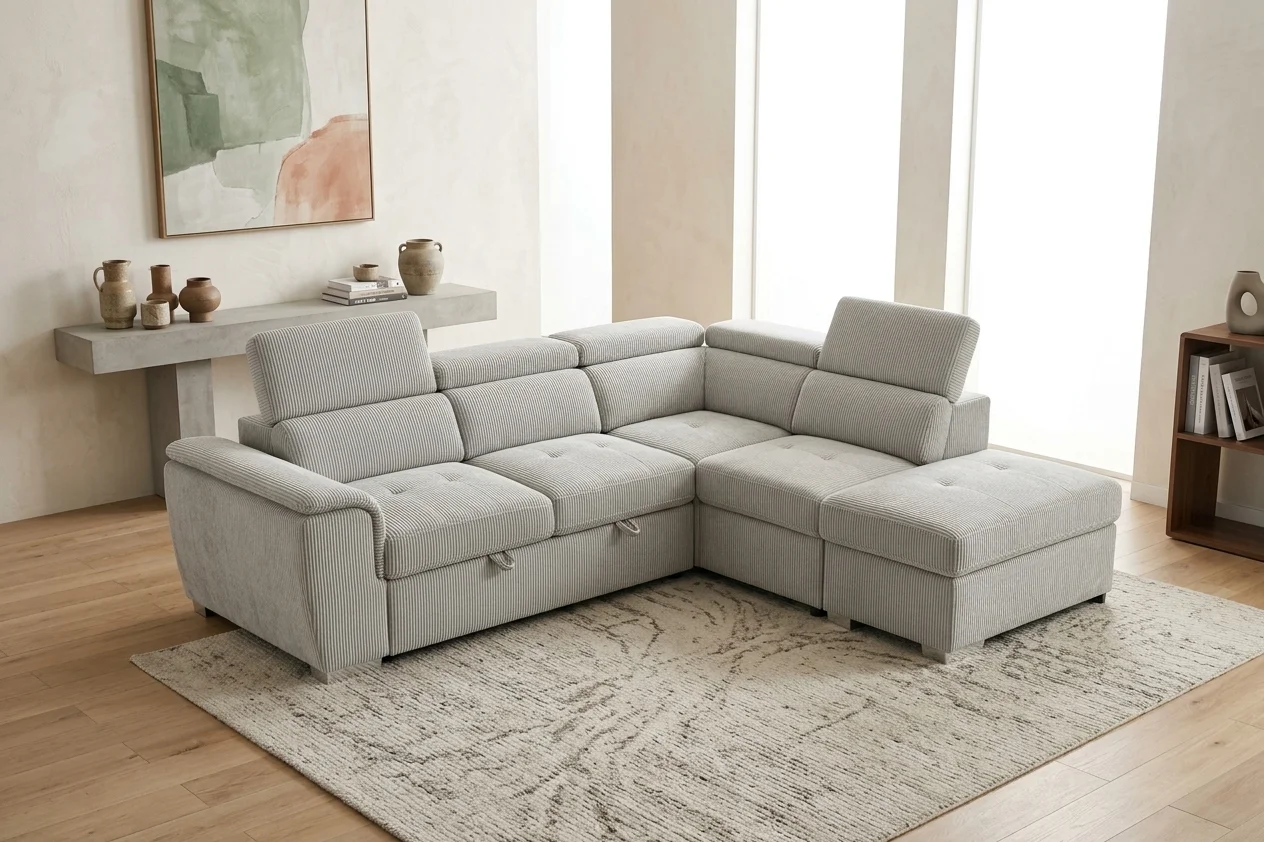 AI Generated Product Image CANAPE D'ANGLE GAUCHE CONVERTIBLE + POUF DE RANGEMENT - BEIGE – Image 1