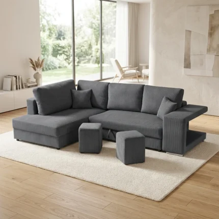 CANAPÉ D'ANGLE GAUCHE CONVERTIBLE + 2 POUFS EN VELOURS CÔTELÉS - GRIS