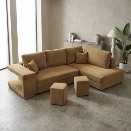 CANAPÉ D'ANGLE DROIT CONVERTIBLE EN TISSU + COUSSINS + POUFS - GINGER