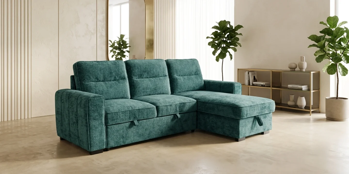 AI Generated Product Image CANAPE D’ANGLE CONVERTIBLE & REVERSIBLE AVEC COFFRE DE RANGEMENT – VERT – Image 1