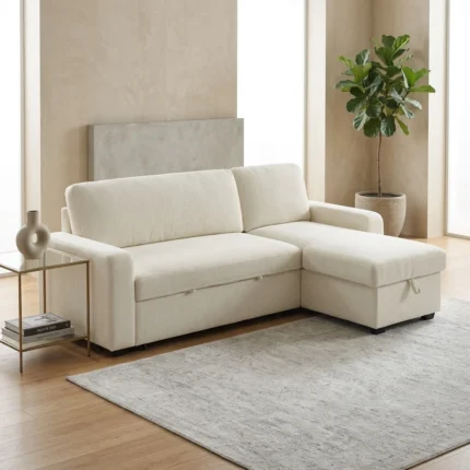 CANAPÉ D’ANGLE CONVERTIBLE EN TISSU – BEIGE