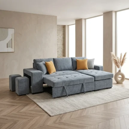 CANAPE D'ANGLE CONVERTIBLE EN TISSU - GRIS FONCÉ