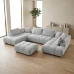 CANAPÉ D'ANGLE EN U EN TISSU + OTTOMAN - GRIS CLAIR