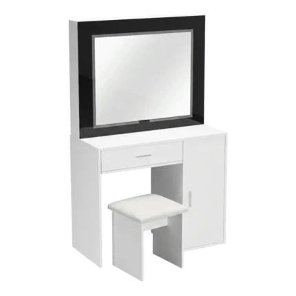 COIFFEUSE 1 TIROIR 1 PORTE AVEC MIROIR ET TABOURET - BLANC