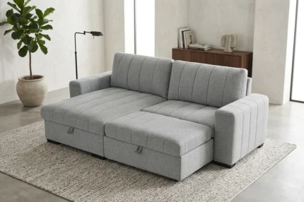 CANAPÉ D'ANGLE RÉVERSIBLE & CONVERTIBLE EN TISSU + COFFRE - GRIS