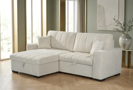CANAPÉ D'ANGLE RÉVERSIBLE & CONVERTIBLE EN TISSU + COFFRE - BEIGE