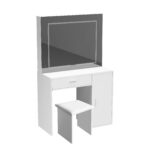 COIFFEUSE 1 TIROIR 1 PORTE AVEC MIROIR ET TABOURET - BLANC – Image 2