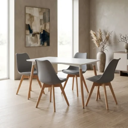 PACK TABLE BLANC + 4 CHAISES SCANDINAVE - GRIS ET BLANC