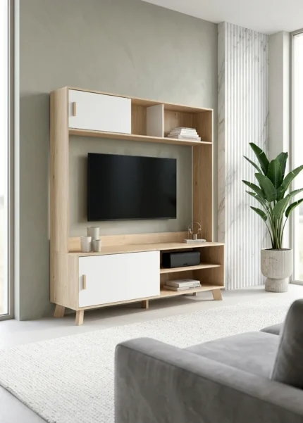 MEUBLE TV LIVING 2 PORTES COULISSANES - BLANC ET CHENE