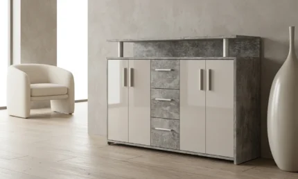ENFILADE 4 PORTES + 3 TIROIRS - GRIS & BLANC