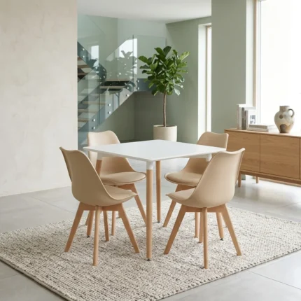 TABLE BLANC CARRE + 4 CHAISES BEIGE - SCANDINAVE