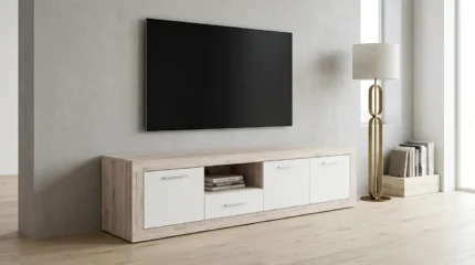 MEUBLE TV 3 PORTES + 1 TIROIR + 1 NICHE - BLANC ET CHENE