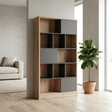 BIBLIOTHEQUE 3 PORTES / 9 NICHES  - CHENE GRIS FONCE